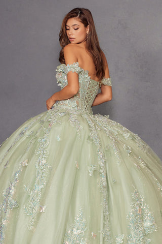 Schulterfreies Ballkleid mit 3D-Schmetterling von Juliet JT1485J