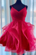 Elegantes Trägerkleid mit V-Ausschnitt und kurzem Saum für den Homecoming-Ball mit Rüschen