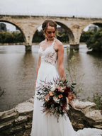 Vestidos de noiva compridos com decote em V, simples, em chiffon e renda, manga comprida, costas abertas, DB10690