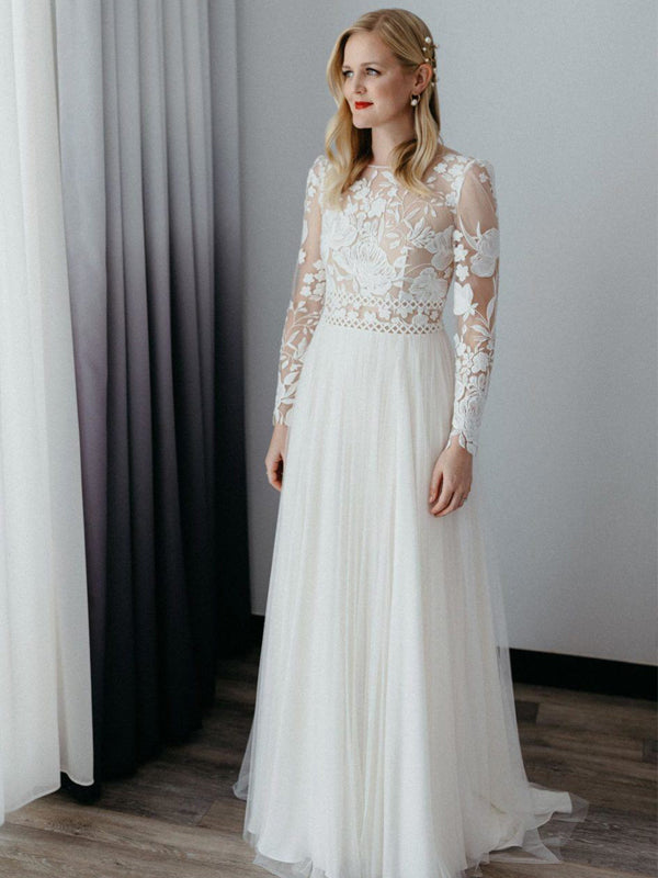 Abito da Sposa Semplice con Scollo Tondo, Maniche Lunghe e Pizzo in Tulle Lungo, DB10743