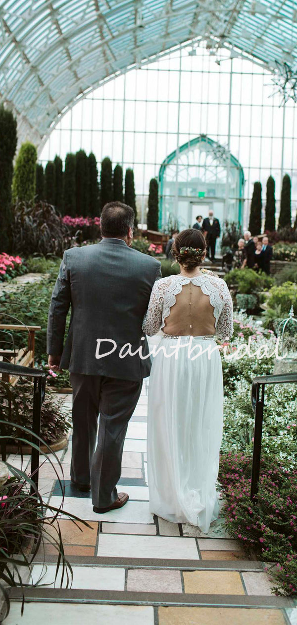 Vestidos de noiva compridos com decote em V, simples, em chiffon e renda, manga comprida, costas abertas. DB10689