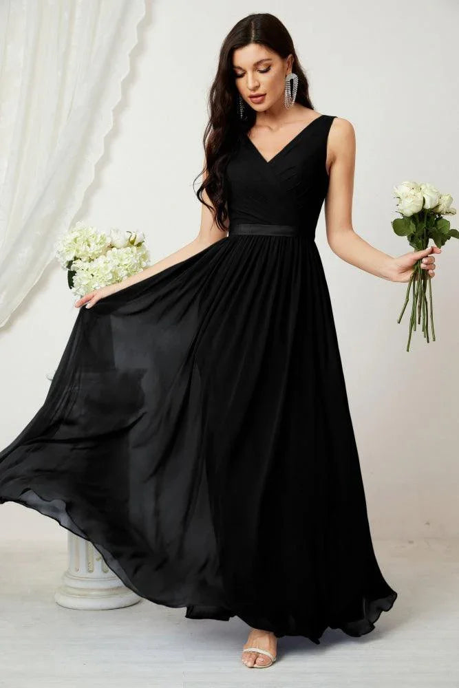 Vestido de dama de honor largo de gasa para mujer, línea A sin mangas, vestido formal de baile de graduación para fiesta nocturna, vestido de regreso a casa 2808