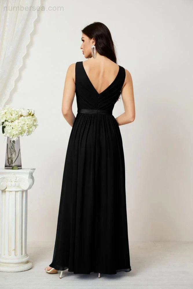 Abito da Sera Donna in Chiffon Lungo per Damigelle, Scollato, Senza Maniche, Linea A, per Feste Serali, Ballo di Fine Anno e Homecoming, Modello 2808