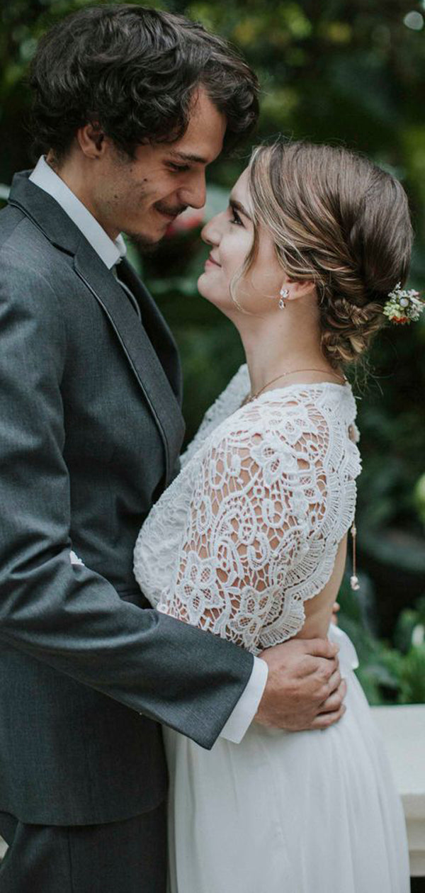 Vestidos de noiva compridos com decote em V, simples, em chiffon e renda, manga comprida, costas abertas. DB10689