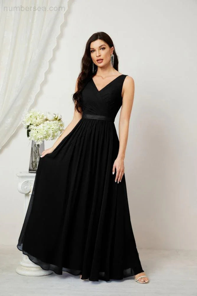 Abito da Sera Donna in Chiffon Lungo per Damigelle, Scollato, Senza Maniche, Linea A, per Feste Serali, Ballo di Fine Anno e Homecoming, Modello 2808