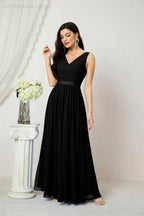 Abito da Sera Donna in Chiffon Lungo per Damigelle, Scollato, Senza Maniche, Linea A, per Feste Serali, Ballo di Fine Anno e Homecoming, Modello 2808