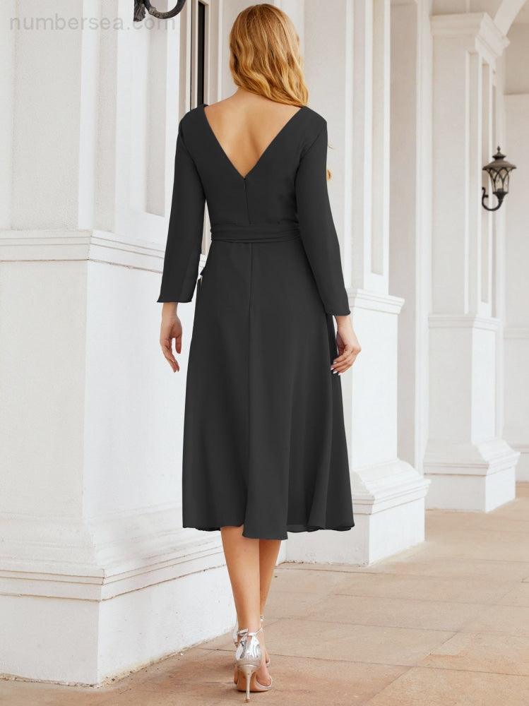 Vestido de madrinha com decote em V e cinto para mãe da noiva e convidada de casamento 28031 