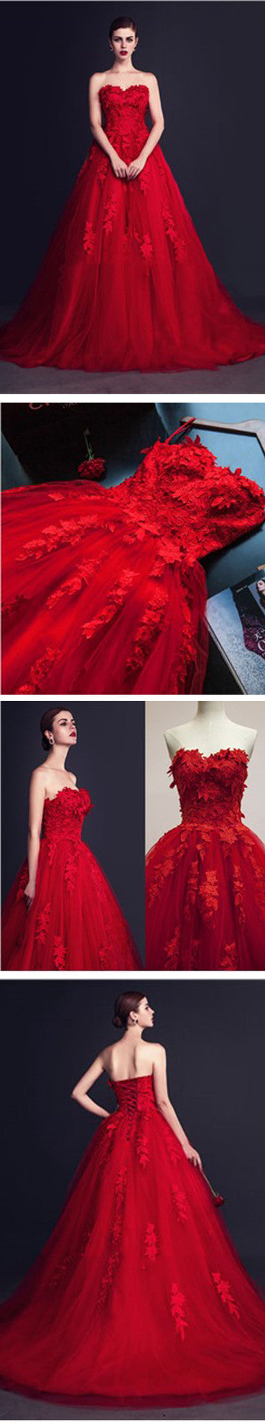 Robe de mariée bal princesse évasée en tulle rouge éclatant avec applications en cœur et laçage, WD0150