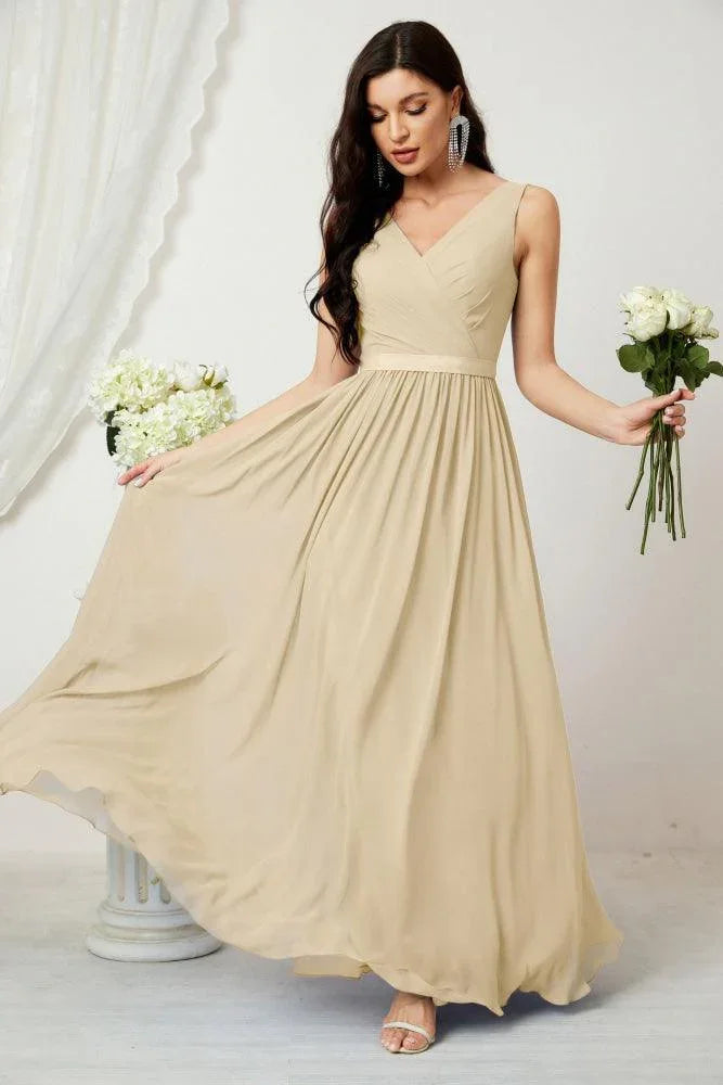 Vestido de dama de honor largo de gasa para mujer, línea A sin mangas, vestido formal de baile de graduación para fiesta nocturna, vestido de regreso a casa 2808