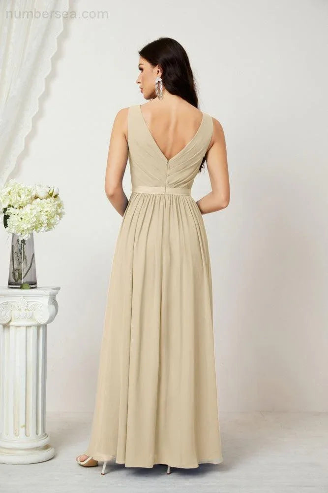 Abito da Sera Donna in Chiffon Lungo per Damigelle, Scollato, Senza Maniche, Linea A, per Feste Serali, Ballo di Fine Anno e Homecoming, Modello 2808
