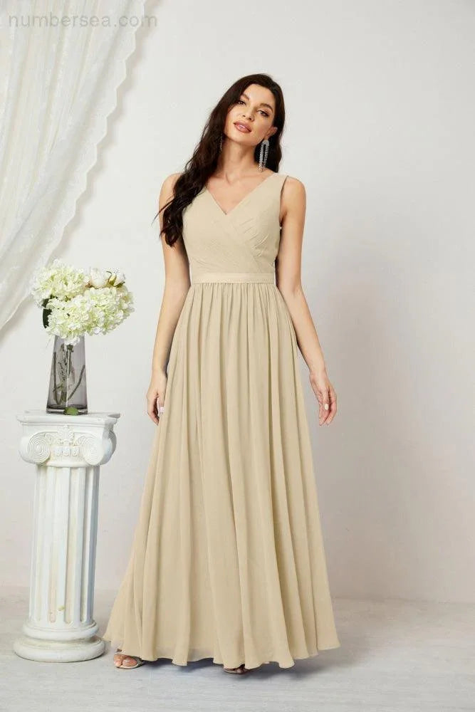 Abito da Sera Donna in Chiffon Lungo per Damigelle, Scollato, Senza Maniche, Linea A, per Feste Serali, Ballo di Fine Anno e Homecoming, Modello 2808