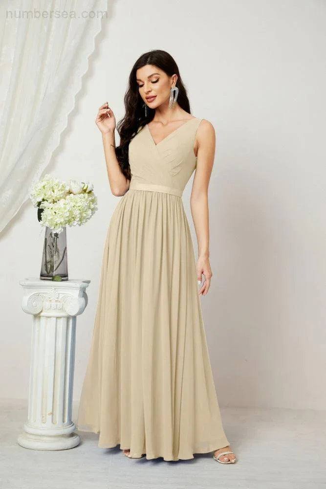 Abito da Sera Donna in Chiffon Lungo per Damigelle, Scollato, Senza Maniche, Linea A, per Feste Serali, Ballo di Fine Anno e Homecoming, Modello 2808