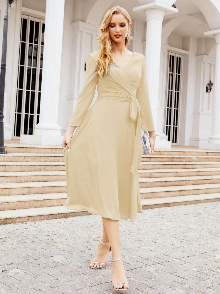 Vestido de madrinha com decote em V e cinto para mãe da noiva e convidada de casamento 28031 