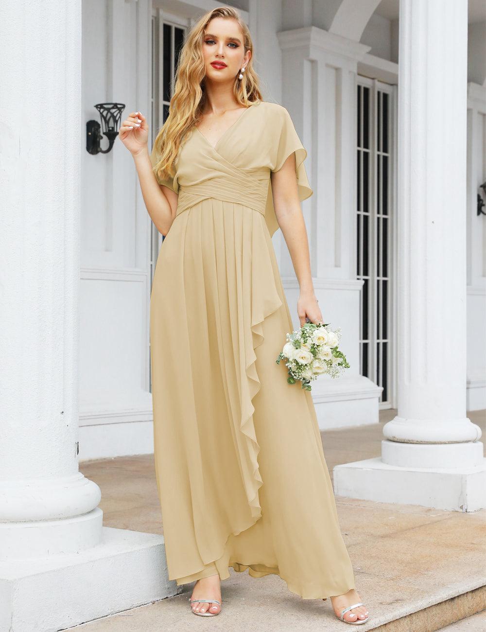 Numbersea Chiffon Bridesmaid Dresses Long Formal Evening Prom Mother of The Bride Dress with Flutter Sleeve     SEA28040