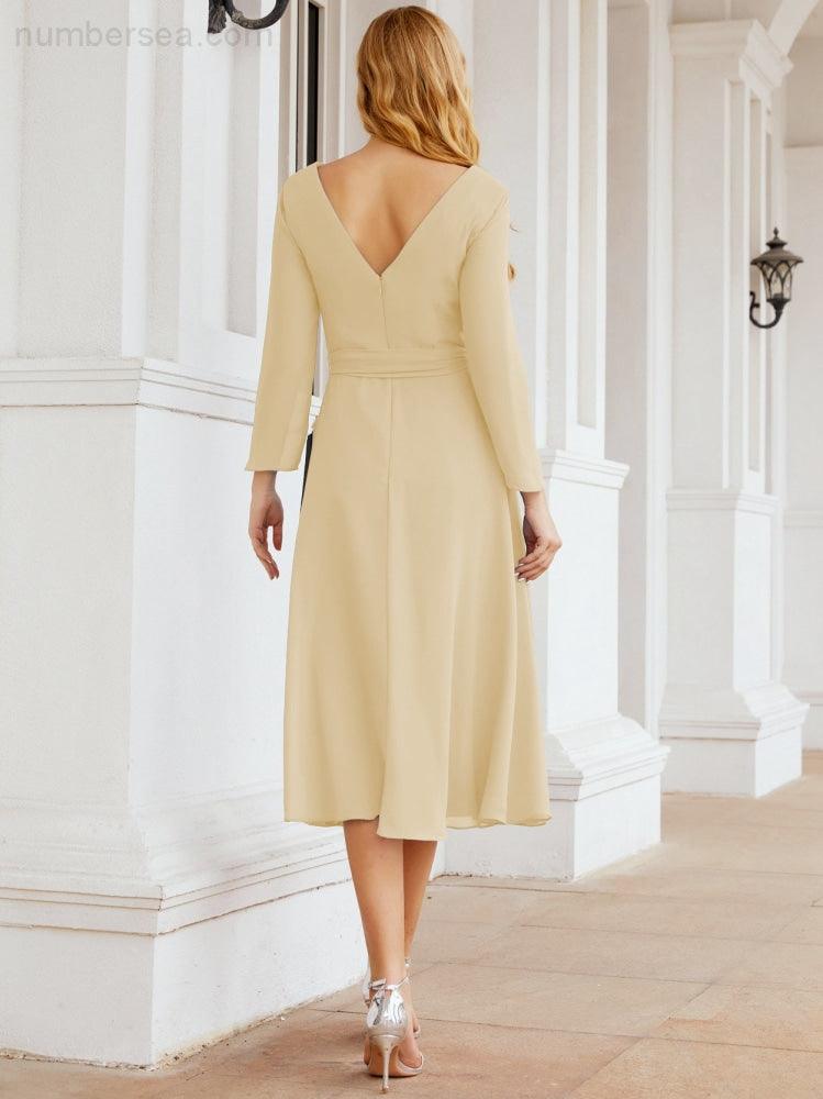 Vestido de madrinha com decote em V e cinto para mãe da noiva e convidada de casamento 28031 