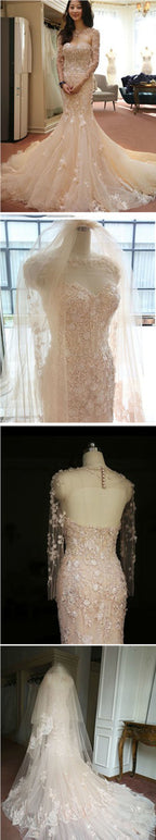 Robe de mariée chasuble à manches longues illusion décolleté cœur queue de sirène dos nu avec applications traîne de chapelle, WD0160