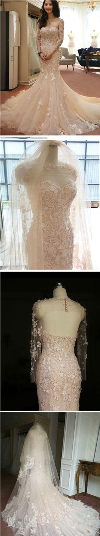 Robe de mariée chasuble à manches longues illusion décolleté cœur queue de sirène dos nu avec applications traîne de chapelle, WD0160
