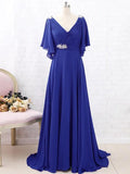 Abiti per la Madre della Sposa A-Line Chiffon Perline Scollo a V Maniche Corte Sweep