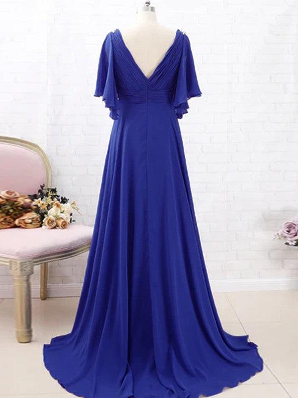 Mother of the Bride Dresses A-Line Chiffon Beading V-neck Short Sleeves Sweep
