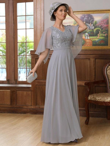 Kleider für die Brautmutter A-Linie Prinzessin Chiffon Applikation V-Ausschnitt 1/2 Ärmel Bodenlang