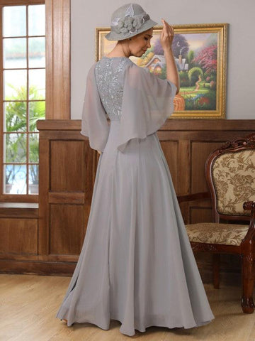 Kleider für die Brautmutter A-Linie Prinzessin Chiffon Applikation V-Ausschnitt 1/2 Ärmel Bodenlang