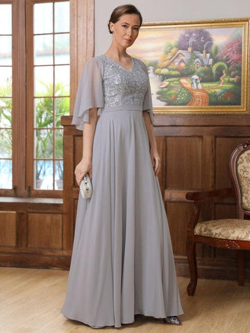 Kleider für die Brautmutter A-Linie Prinzessin Chiffon Applikation V-Ausschnitt 1/2 Ärmel Bodenlang