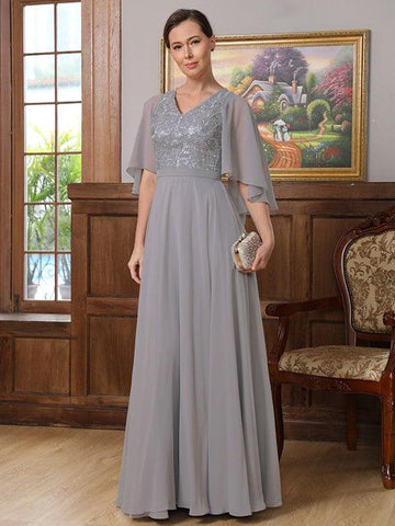 Kleider für die Brautmutter A-Linie Prinzessin Chiffon Applikation V-Ausschnitt 1/2 Ärmel Bodenlang