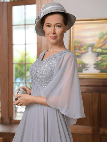 Kleider für die Brautmutter A-Linie Prinzessin Chiffon Applikation V-Ausschnitt 1/2 Ärmel Bodenlang
