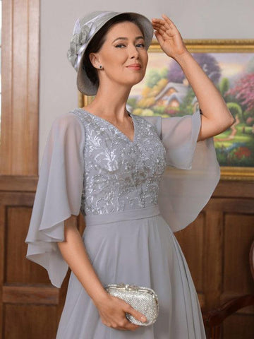 Kleider für die Brautmutter A-Linie Prinzessin Chiffon Applikation V-Ausschnitt 1/2 Ärmel Bodenlang