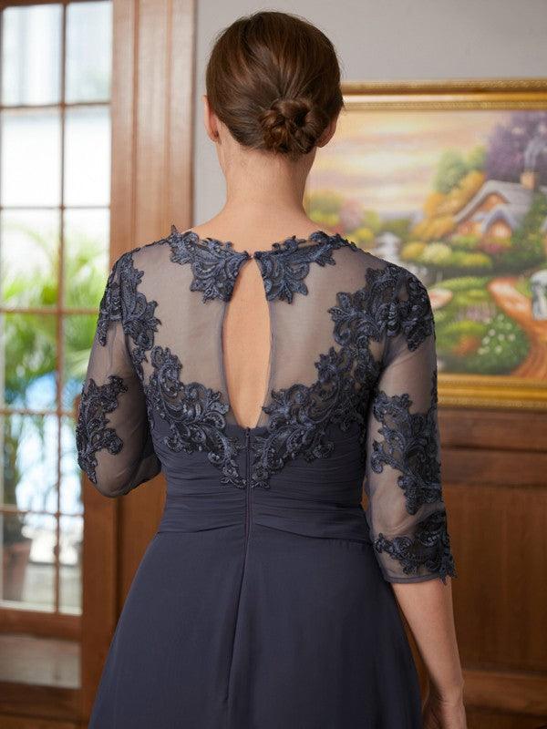 Vestidos para Mãe da Noiva A-Line/Princesa Chiffon Apliques Mangas 3/4 Assimétricos