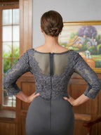 Kleider für die Brautmutter Etuikleid Säule Jersey Spitze V-Ausschnitt 3/4 Ärmel Bodenlang