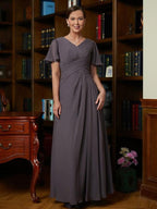 Mother of the Bride Dresses A-Line Princess Chiffon Ruched V neck Short Sleeves Floor Length