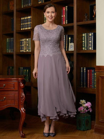 Kleider für die Brautmutter A-Linie Prinzessin Chiffon Spitze Kurze Ärmel Knöchellang
