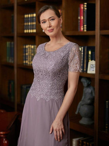 Kleider für die Brautmutter A-Linie Prinzessin Chiffon Spitze Kurze Ärmel Knöchellang