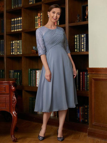 Kleider für die Brautmutter A-Linie Prinzessin Chiffon Spitze U-Ausschnitt 1/2 Ärmel Länge