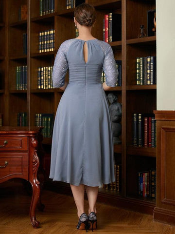 Kleider für die Brautmutter A-Linie Prinzessin Chiffon Spitze U-Ausschnitt 1/2 Ärmel Länge