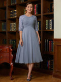 Abiti per la Madre della Sposa A-Line Principessa Chiffon Pizzo Scollo Tondo Maniche Mezza Lunghezza