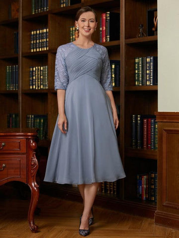 Kleider für die Brautmutter A-Linie Prinzessin Chiffon Spitze U-Ausschnitt 1/2 Ärmel Länge