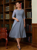 Mother of the Bride Dresses A-Line Princess Chiffon Lace Scoop 1/2 Sleeves Length