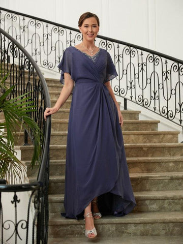 Kleider für die Brautmutter A-Linie Prinzessin Chiffon Perlenbesatz V-Ausschnitt Kurze Ärmel Asymmetrisch