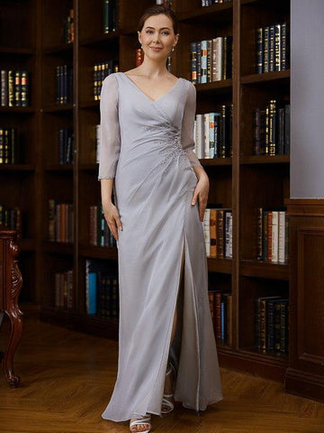 Kleider für die Brautmutter Etuikleid Chiffon Perlenbesatz V-Ausschnitt 3/4 Ärmel Bodenlang