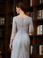 Mother of the Bride Dresses Sheath Chiffon Beading V-neck 3/4 Sleeves Floor-Length
