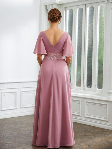 Kleider für die Brautmutter A-Linie Chiffon Gerüscht V-Ausschnitt 1/2 Ärmel Bodenlang