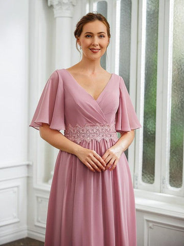 Kleider für die Brautmutter A-Linie Chiffon Gerüscht V-Ausschnitt 1/2 Ärmel Bodenlang