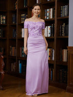 Vestidos para a mãe da noiva, com franzidos, ombros de fora, mangas curtas, comprimento até ao chão