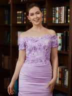 Vestidos para a mãe da noiva, com franzidos, ombros de fora, mangas curtas, comprimento até ao chão