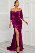 Kleid für die Brautmutter im Meerjungfrauenstil, schulterfrei, mit Schlitz vorne