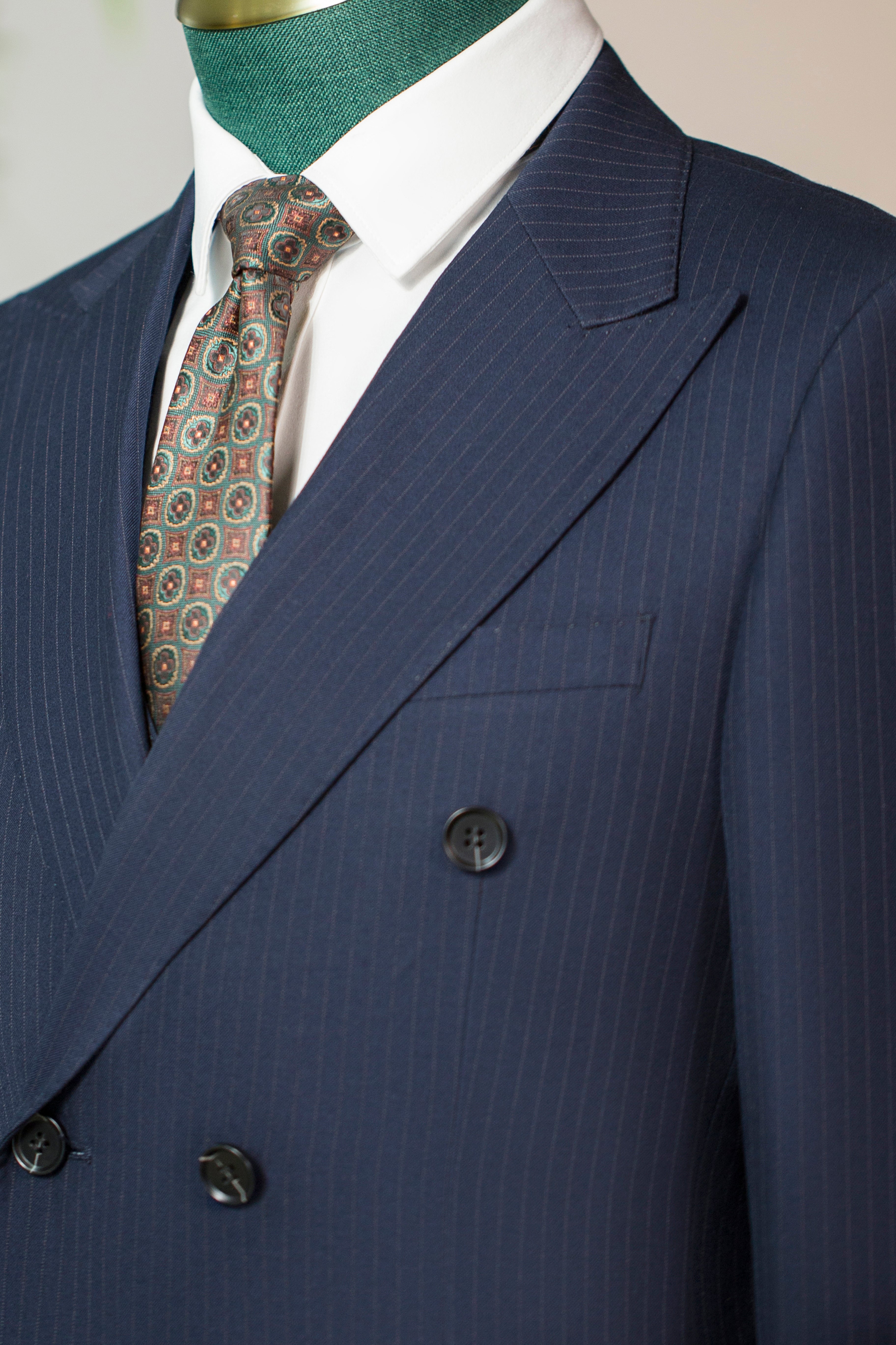 Double-Breasted Pinstripe Navy Wool Suit | Tailored Formal Groom & Business Suit