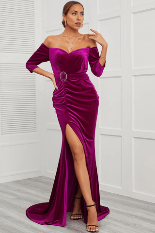 Kleid für die Brautmutter im Meerjungfrauenstil, schulterfrei, mit Schlitz vorne