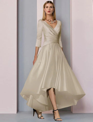 Kleid für die Mutter der Braut, Hochzeitsgast, elegant, hoch und tief, V-Ausschnitt, asymmetrisch, knöchellang, Satin, halbe Ärmel mit Falten